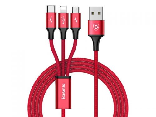 Kabel baseus rapid 3w1 iphone micro usb usb-c 3a czerwony