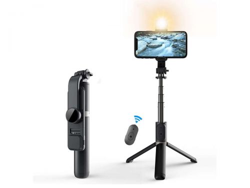 Selfie stick tripod roreta wireless bluetooth statyw z lampką led black
